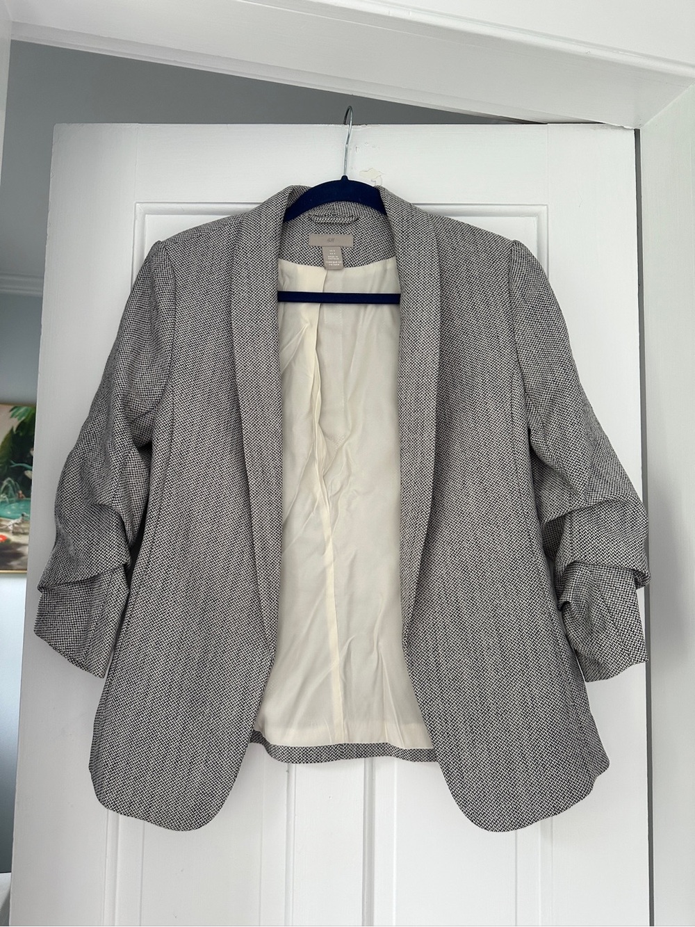 H&M Tweed Ruched Sleeves Business Casual Blazer Jacket with Shoulder Pads Size S